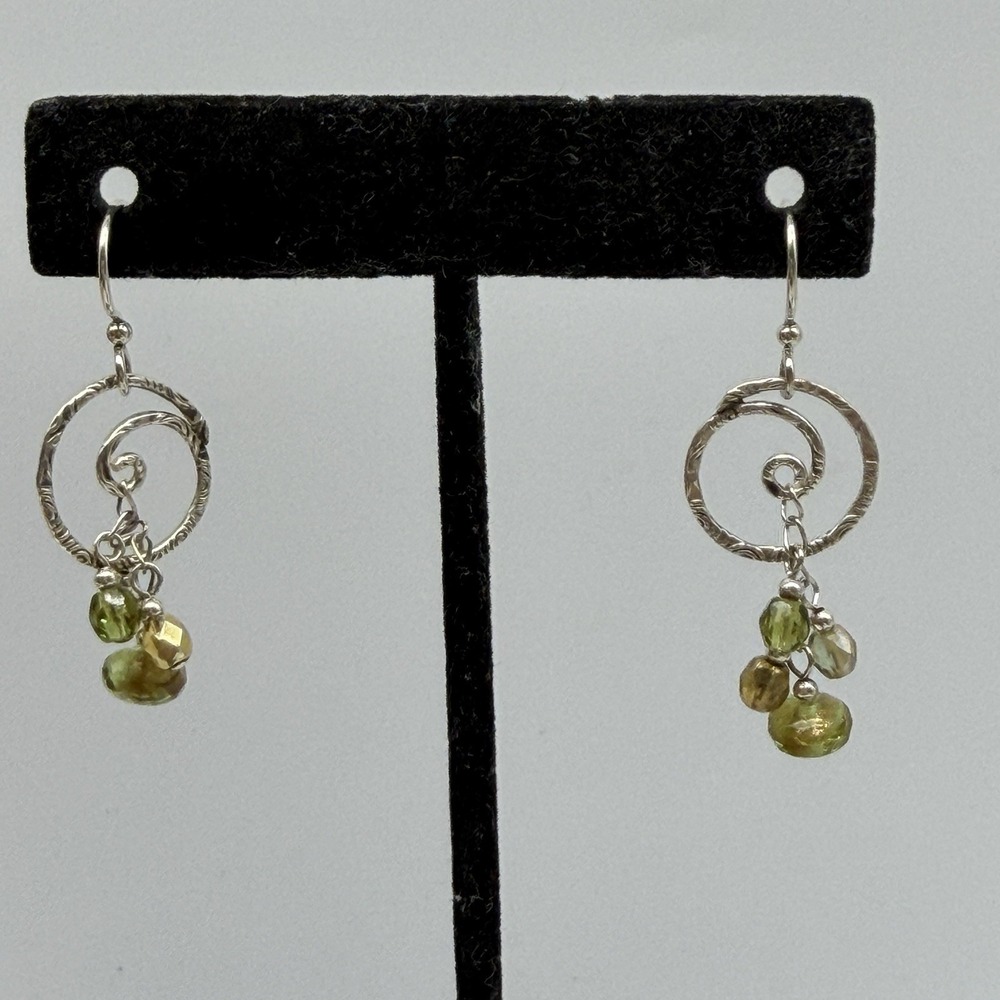 Sterling Silver Circle Swirl Green Gold Stones Crystals Dangle Hook Earrings